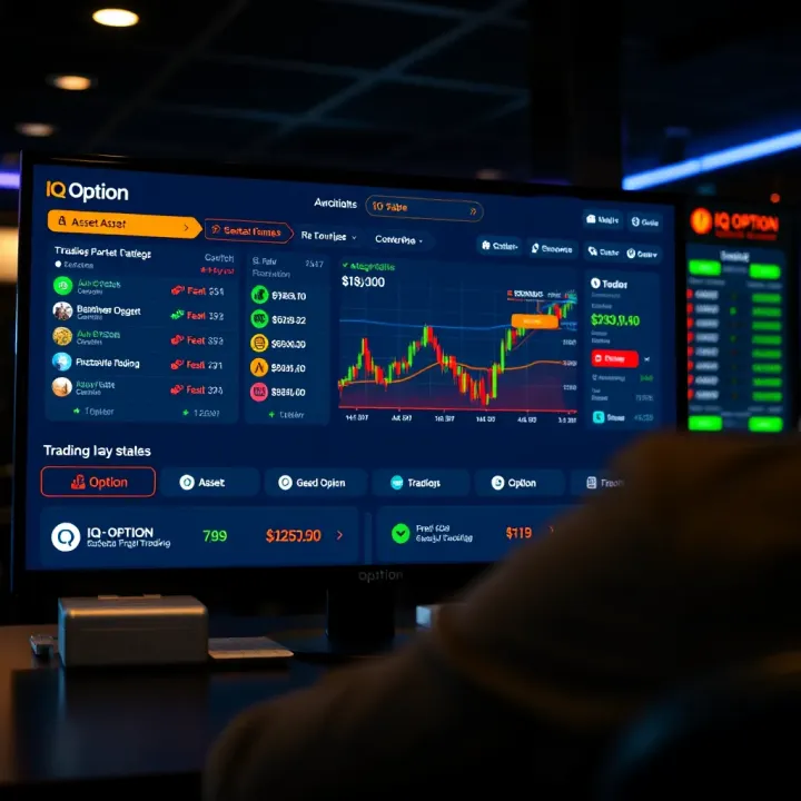 Interface overview of IQ Option trading platform showing various asset categories and trading options