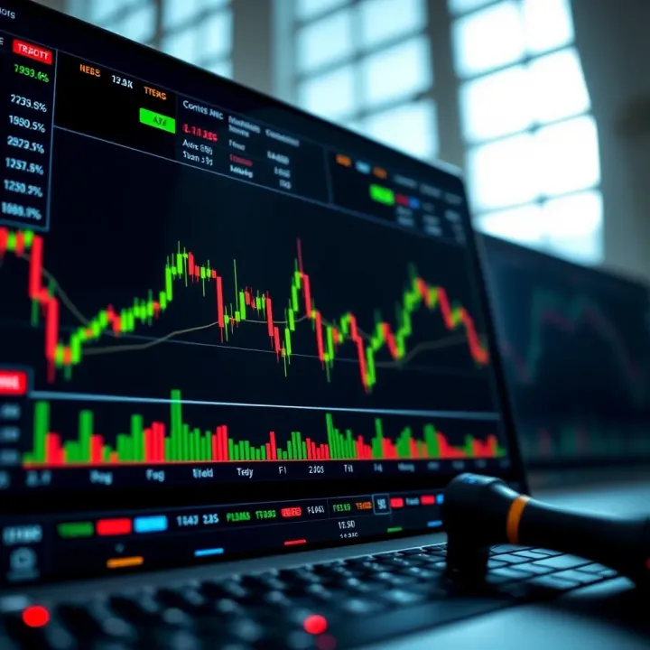 Online trading platform interface showing candlestick charts and financial data