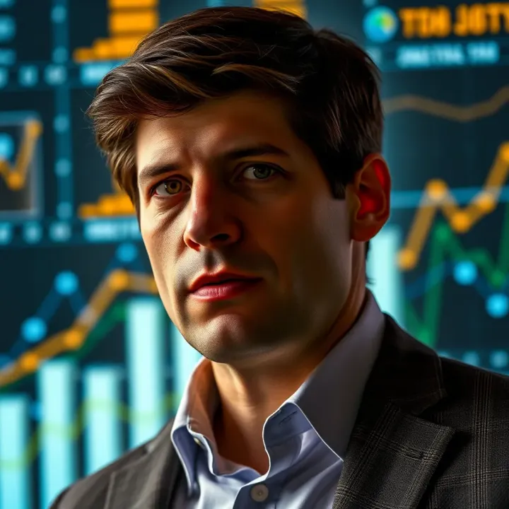 Portrait of Eduardo Saverin with a digital background symbolizing technology and investment growth