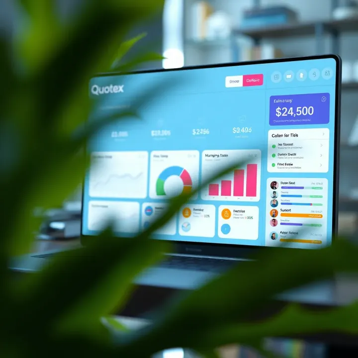 Illustration of a digital dashboard displaying affiliate earnings, support options, and marketing tools provided by Quotex