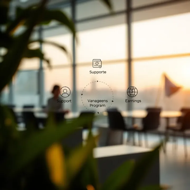 Diagram showing the benefits of joining the Quotex partnership program with icons representing support, tools, and earnings