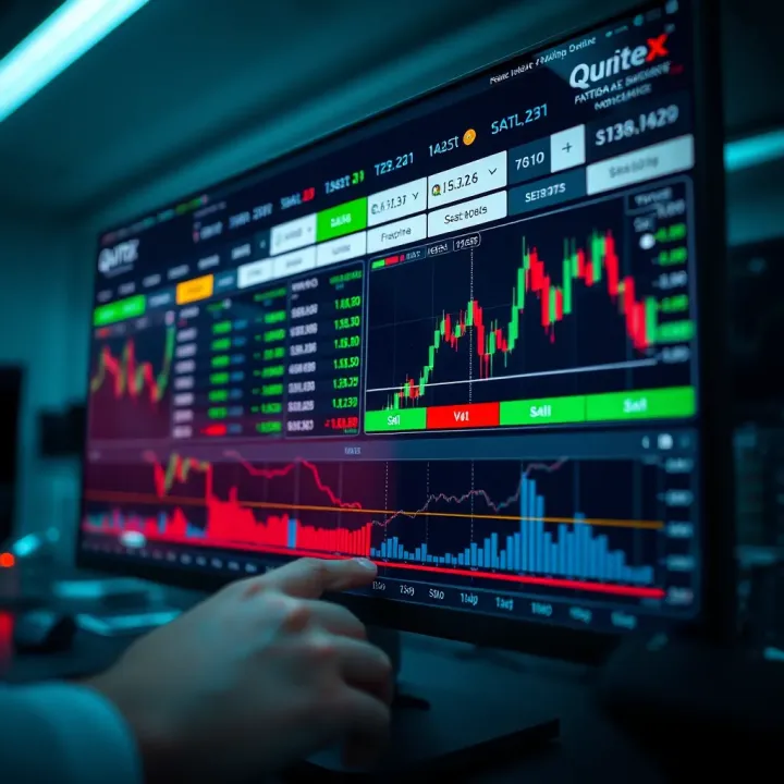 Interface of Quotex trading platform showing asset options and trading charts