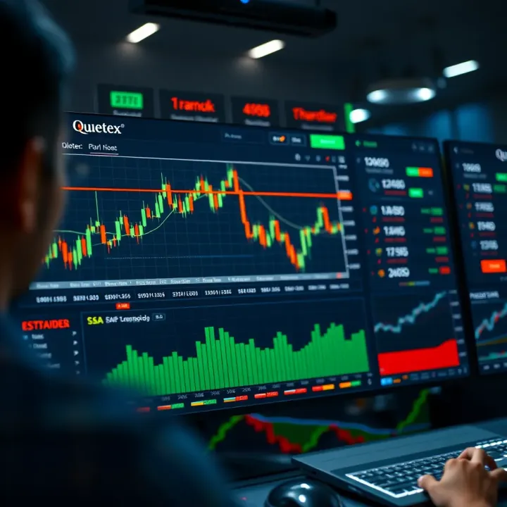 Dashboard view of Quotex platform displaying candlestick charts and trading indicators