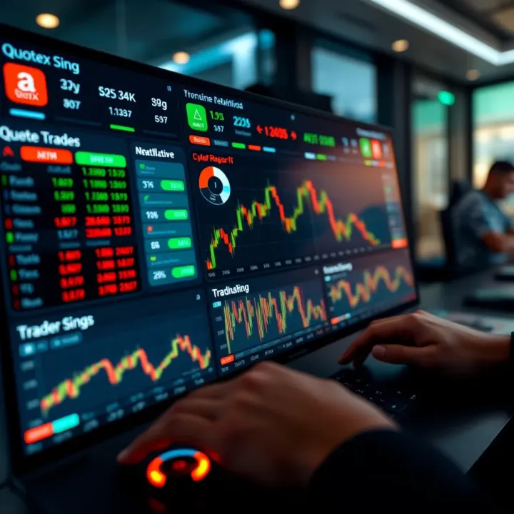 Dashboard interface of Quotex Sing showing trading options and market trends