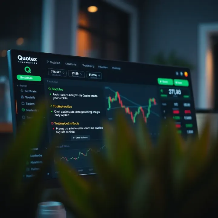 Dashboard of Quotex trading platform displaying navigation tips and troubleshooting options
