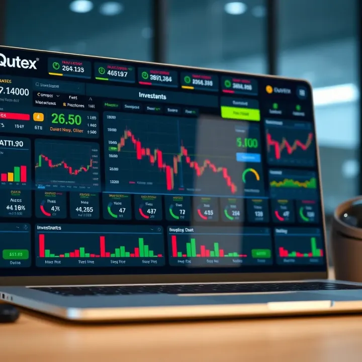 Dashboard of Quotex trading platform showing various investment options and analytical tools