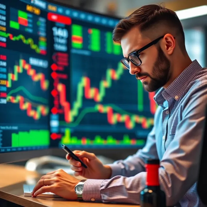 Illustration of a trader analyzing signal indicators and planning strategies on Pocket Option platform