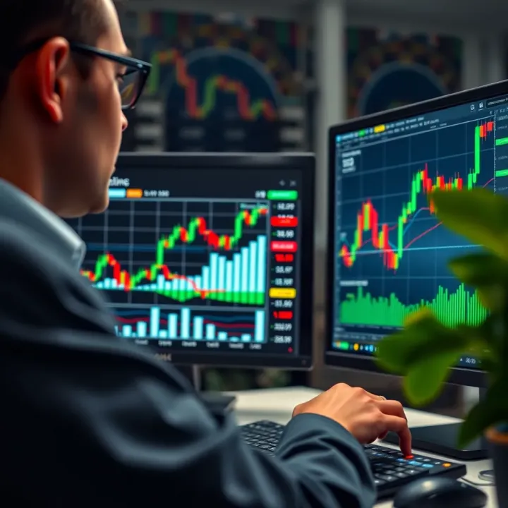 Analyzing Financial Charts for Investment Practice User analyzing financial charts and data on a computer screen for investment practice